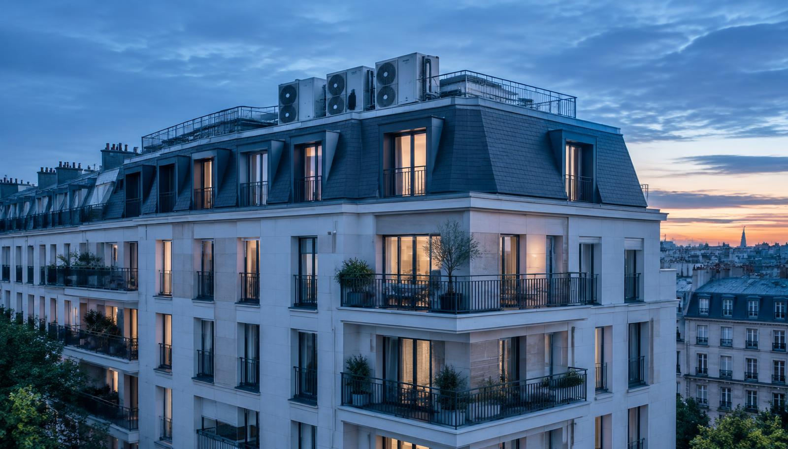 Immeuble collectif équipé de pompes à chaleur en toiture